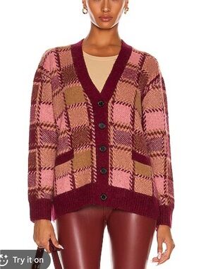 Re/done 90s Oversized Cardigan in Burgundy Pink Tan Plaid retail $495 OneSize